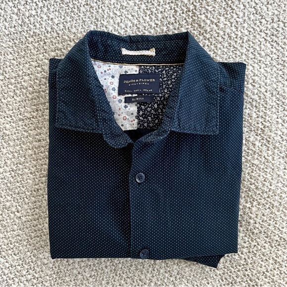 DENIM FLOWER Ricky Singh | Men’s Navy Pin-Dot Shirt Size Large - Picture 3 of 5